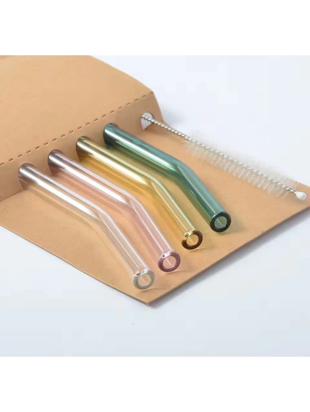4 Pc Reusable Glass Straw Set Bent Straws + Cleaning Brush multicolorss